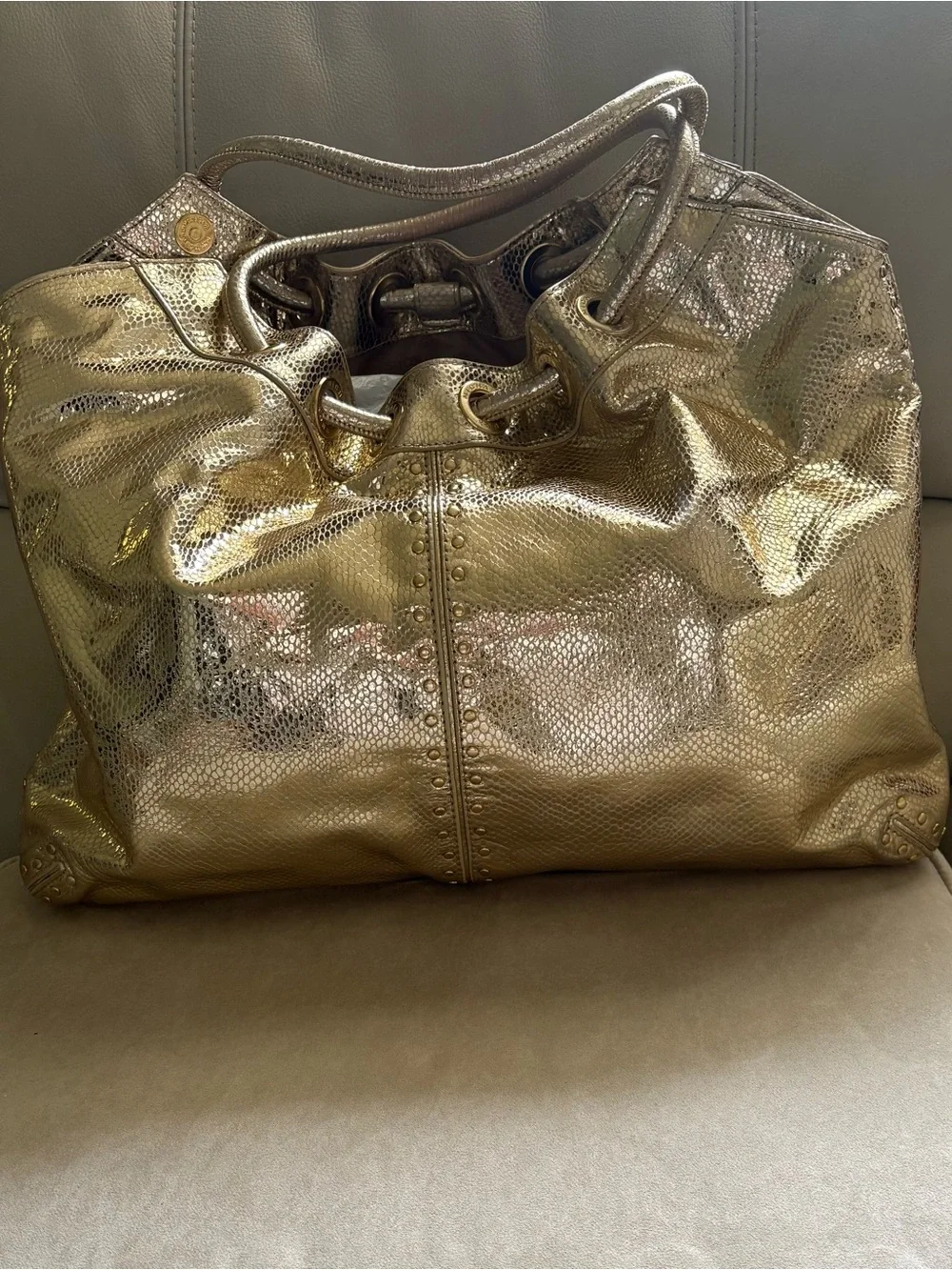 Michael Kors Metallic Gold Studded Drawstring Hobo
